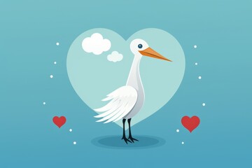 cute baby shower / baby welcome newborn  illustration  greeting card with standing stork and red hearts  in blue sky