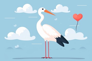 cute baby shower / baby welcome newborn  illustration  greeting card with standing stork and red hearts  in blue sky - obrazy, fototapety, plakaty