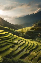 Foto auf Acrylglas Reisfelder A beautiful green mountain with terraces rice fields.