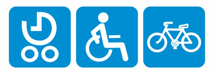 Foto op Aluminium Set of three symbols, icon, wheelchair, stroller, bicycle, pictograms on means of transport, train, bus, reserved spaces, vector © janista