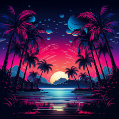 Fototapeta na wymiar Bright neon landscape in psychedelic style, background, sea, palm trees, sunset
