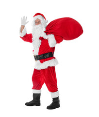 Man in Santa Claus costume with bag posing on white background