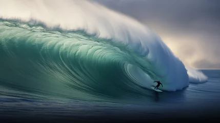 Tuinposter a person riding on a large wave in the ocean © Avalga
