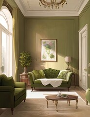 Cozy Living Room with Comfortable Furniture and Stylish Decor,  Luxurious living room with comfortable sofa, potted plants, and large windows.