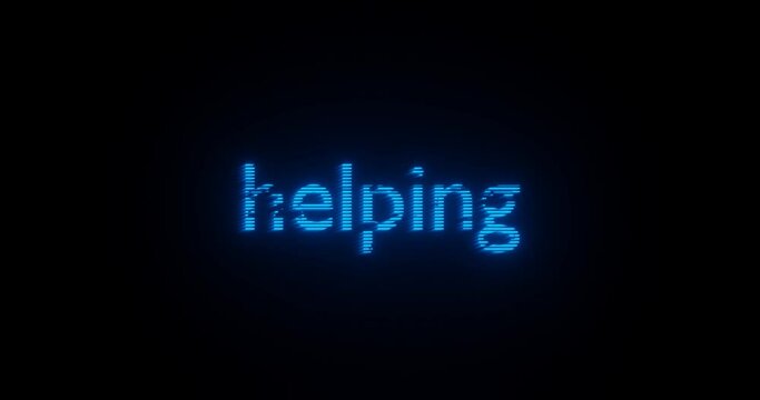 Abstract 3D illustration of the word "helping" glowing with blue neon lights on a black background