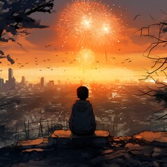 Children sitting and watching fireworks. Generative AI