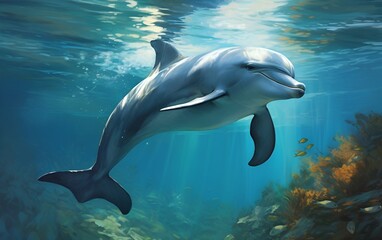 Dolphin swimming underwater. Generative AI