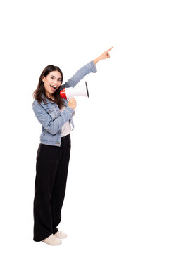 Speech Asian Woman Talking In Megaphone Or Loudspeaker Shouting Loud Pretty Girl Point Finger Tell Discount Promotion Use For Advertisement She Standing Over Islolated On White Background Full Body