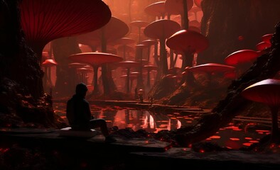 AI generated illustration of a young man observing a room full of various types of mushrooms