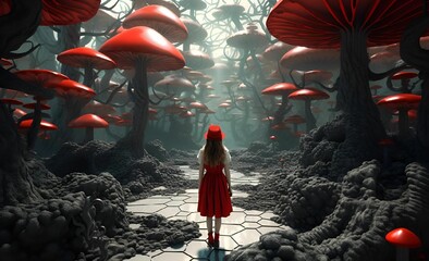 AI generated illustration of a young female walking down a path surrounded by mushrooms