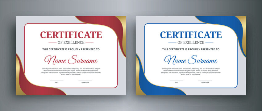 Blue, red with gold certificate design of achievement template with gold badge and border
