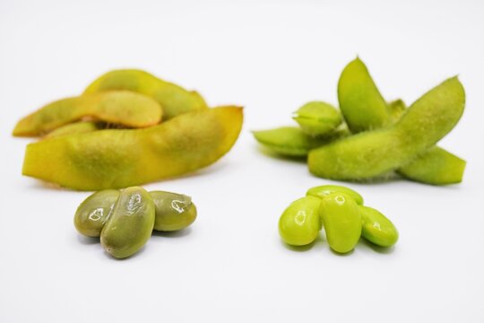 白背景に塩ゆで調理された茶枝豆と緑の白毛豆の実の莢の色の比較