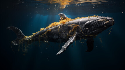 An image of a whale entangled in discarded fishing nets, symbolizing the dangers of overfishing.