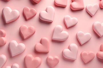 Fototapeta premium Minimalistic hearts colored in different pink shades. Several little hearts on pink pastel backdrop. Generate ai