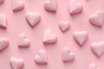 Fototapeta premium Minimalistic love hearts colored pink pastel. Small rosy hearts on romantic pink background. Generate ai