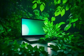 Laptop with green leaves 