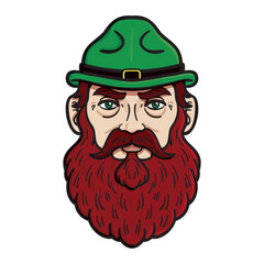 Leprechaun goblin face with green hat and red beard. Vector comic drawing 