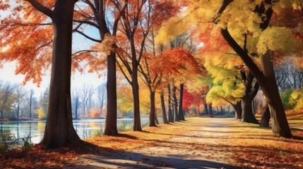 Park pathway lined with trees adorned in autumn hues, fallen leaves carpeting ground. Walks in nature.