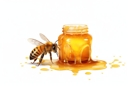 A bee near a honey jar with dripping honey isolated on a white or transparent background. Macro side close-up view. high quality PNG image.