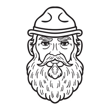 comic illustration of a man with full beard and hat. monochrome outline vector drawing. 