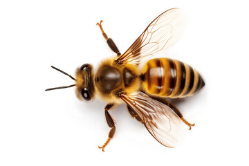 Top view of a honey bee on a white or transparent background cutout. Macro side close-up view. macro. high quality PNG image. - obrazy, fototapety, plakaty