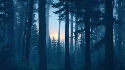 This image shows a foggy forest with tall trees silhouetted against a blue sky. The fog is thick and the sun is low in the sky, creating a sense of mystery and intrigue.