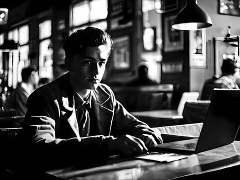 Boy using computer in a cafe, vintage photo generative by AI