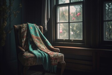 Chair in dark room near window with overlooking garden. Vintage armchair with colorful plaid with nature oversight. Generate ai - obrazy, fototapety, plakaty