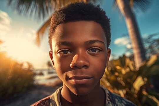 Photo of Bahamian young male on exotic nature background. Black skinned guy portrait on tropical palms. Generate ai