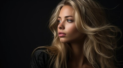 Fototapeta premium Dramatic portrait of a young beautiful blonde woman in dark colors. Women's beauty and fashion.