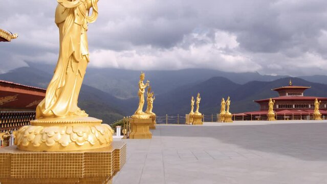 Scenic view of monuments at a Buddhist temple in Bhutan in Asia.