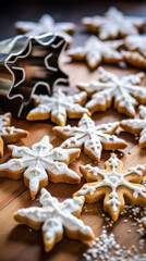 Obraz na płótnie Canvas Holiday Delights: Sparkling Cookies and Ornamental Magic Capture the magic of the holiday season with a spread of glistening Christmas cookies and ornate decorations on the table.