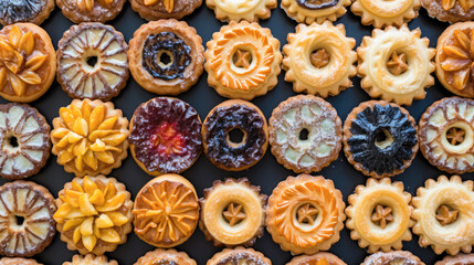 Various types of pastries are arranged in a row.