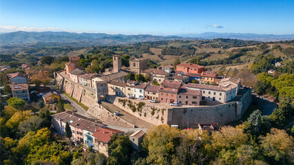 Fototapeta na wymiar Italy, November 10, 2023 - aerial view of the medieval village of Novilara in the province of Pesaro and Urbino in the Marche region
