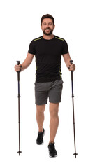 Man practicing Nordic walking with poles isolated on white