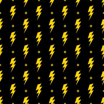 Yellow lightning bolt vector seamless pattern background.