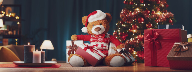 Many Christmas gifts and cute teddy bear - obrazy, fototapety, plakaty
