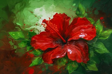 Red hibiscus flower. Floral color season bud leaves. Generate Ai