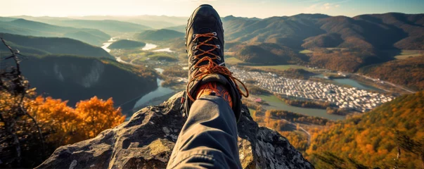 Fotobehang Close up sneakers in the mountain climbing © Michal