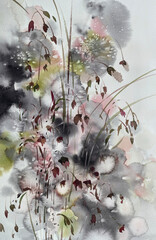 Small winter flowers in white and grey watercolor background