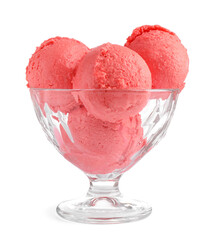 Glass dessert bowl with tasty pink ice cream isolated on white