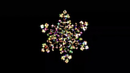 Beautiful illustration of snowflake with colorful glitter sparkles on plain black background