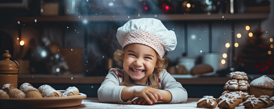 Portrait of a very happy little girl bake christmas cake in the kitchen