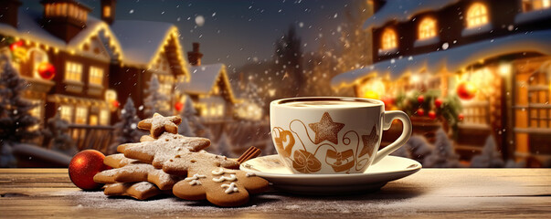 Fototapeta premium Christmas cup of the cinnamon tea and cake with decoration on the wooden table .