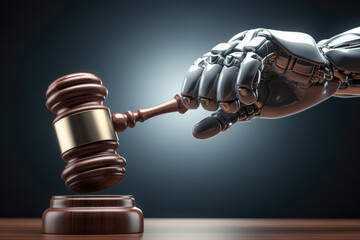 Robotic hand holding a wooden judge's gavel. - obrazy, fototapety, plakaty