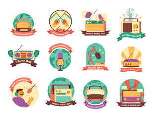 Fototapeta premium Set of National World Radio Day Badge Label Design. Vintage Old Radio Collection with Blank Ribbon Banner. Tuner Receiver Classic Device Icon Symbol Template