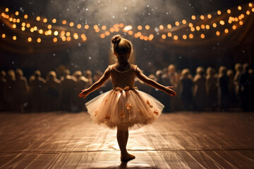 A little girl ballerina goes on the big stage, rear view. AI generative - Powered by Adobe