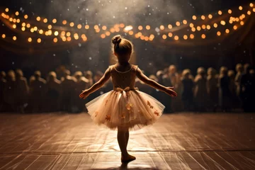 Gordijnen A little girl ballerina goes on the big stage, rear view. AI generative © tiena