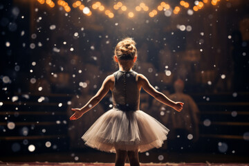 Fototapeta na wymiar A little girl ballerina goes on the big stage, rear view. AI generative