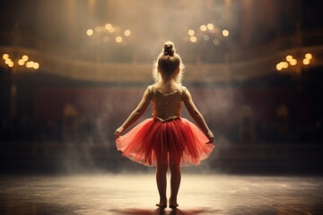 A little girl ballerina goes on the big stage, rear view. AI generative